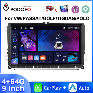Podofo-Radio con GPS para coche, reproductor con Android, 4 + 64G, WIFI, 9 pulgadas, estéreo, Carplay, para VW/PASSAT/GOLF/SHARAN/POLO