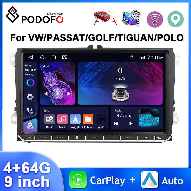 Podofo-Radio con GPS para coche, reproductor con Android, 4 + 64G, WIFI, 9 pulgadas, estéreo, Carplay, para VW/PASSAT/GOLF/SHARAN/POLO 1
