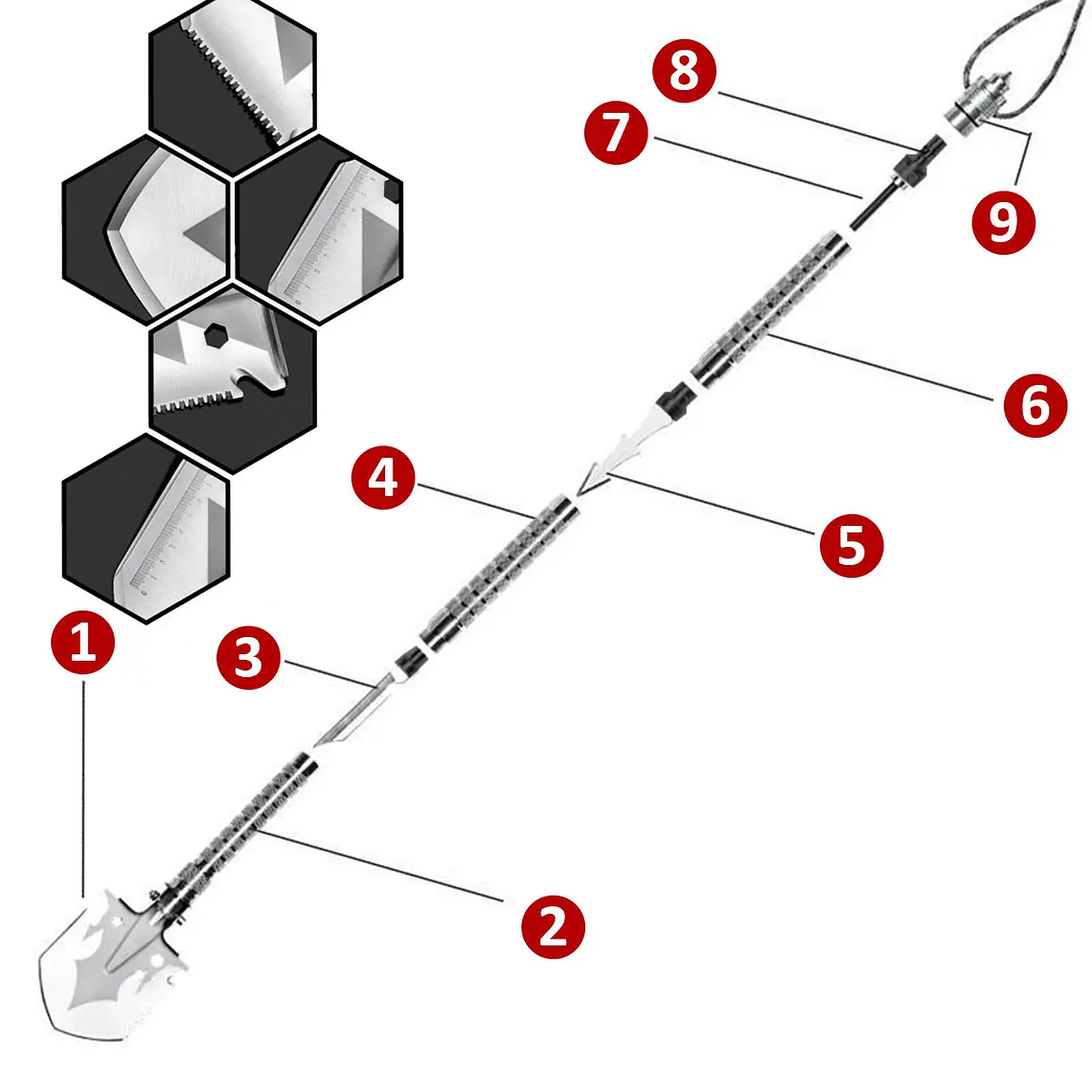 Pala eléctrica militar plegable desmontable multifuncional, equipo de supervivencia al aire libre, herramientas de autodefensa, accesorios de acampada 6