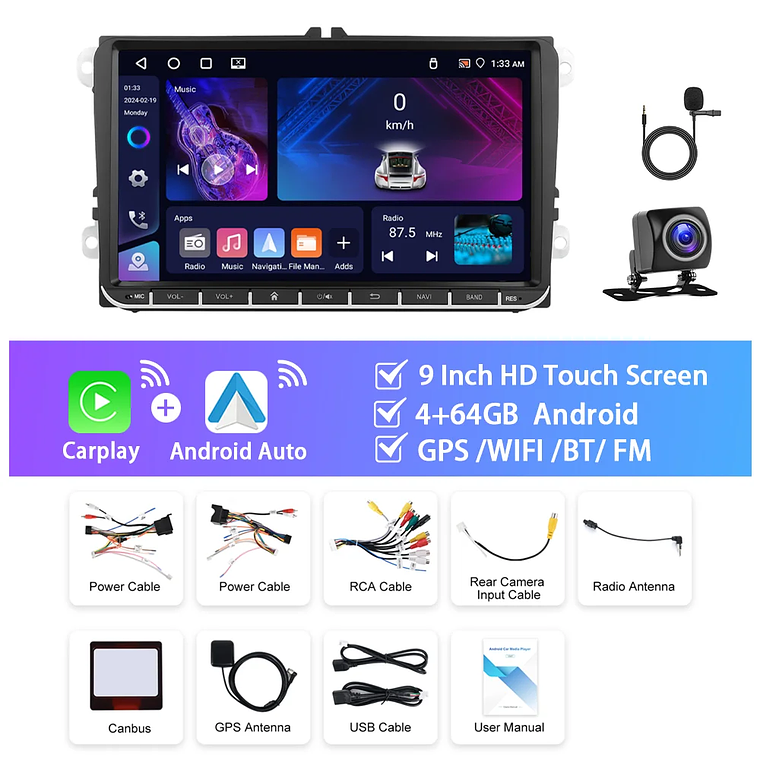 Podofo-Radio con GPS para coche, reproductor con Android, 4 + 64G, WIFI, 9 pulgadas, estéreo, Carplay, para VW/PASSAT/GOLF/SHARAN/POLO 7