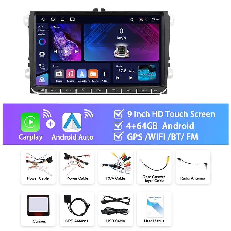 Podofo-Radio con GPS para coche, reproductor con Android, 4 + 64G, WIFI, 9 pulgadas, estéreo, Carplay, para VW/PASSAT/GOLF/SHARAN/POLO 8