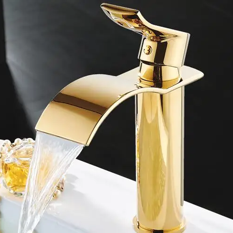 Tuqiu-grifo de baño dorado, grifo de lavabo de cascada, grifo mezclador de lavabo de un solo mango, grifo de baño, grifo de grúa de agua de fregadero de latón 7