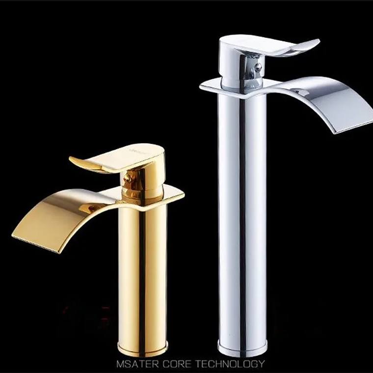 Tuqiu-grifo de baño dorado, grifo de lavabo de cascada, grifo mezclador de lavabo de un solo mango, grifo de baño, grifo de grúa de agua de fregadero de latón 13