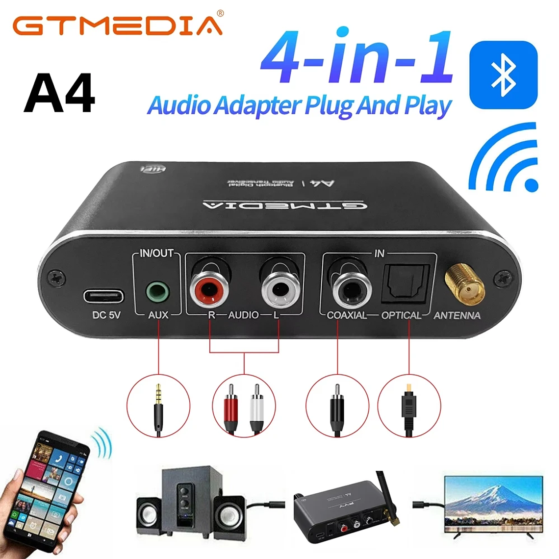 Receptor de Audio GTMEDIA Bluetooth 5,1 DAC convertidor analógico Digital Coaxial 3,5mm AUX RCA micrófono U disco Jack adaptador inalámbrico estéreo 1