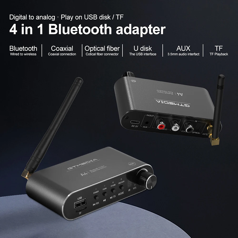 Receptor de Audio GTMEDIA Bluetooth 5,1 DAC convertidor analógico Digital Coaxial 3,5mm AUX RCA micrófono U disco Jack adaptador inalámbrico estéreo 7