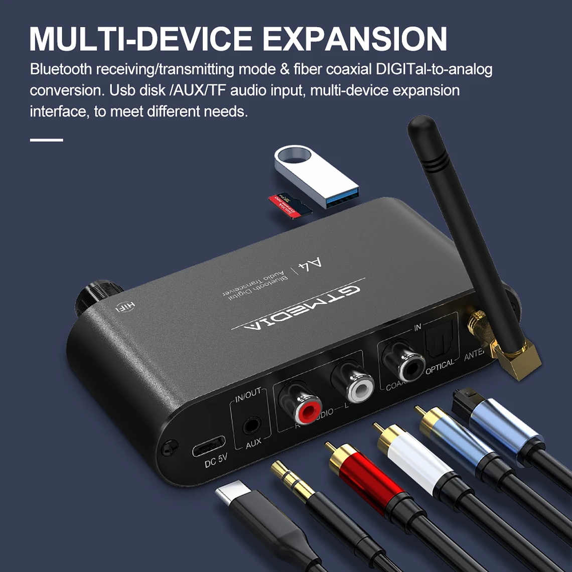 Receptor de Audio GTMEDIA Bluetooth 5,1 DAC convertidor analógico Digital Coaxial 3,5mm AUX RCA micrófono U disco Jack adaptador inalámbrico estéreo 9