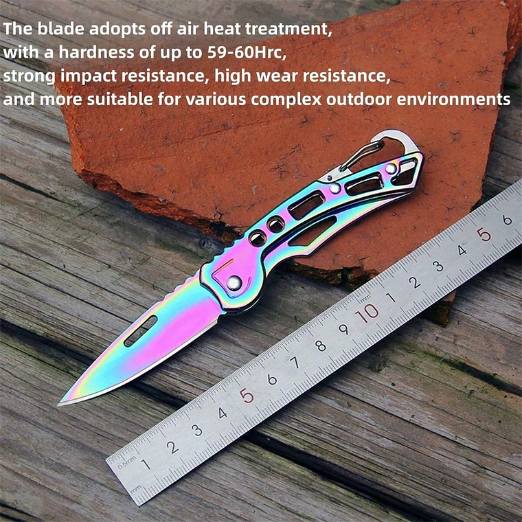 Cuchillo plegable de bolsillo de titanio de colores para exteriores, hoja y mango de acero inoxidable para acampar, senderismo, caza, cuchillo pequeño para fruta 11