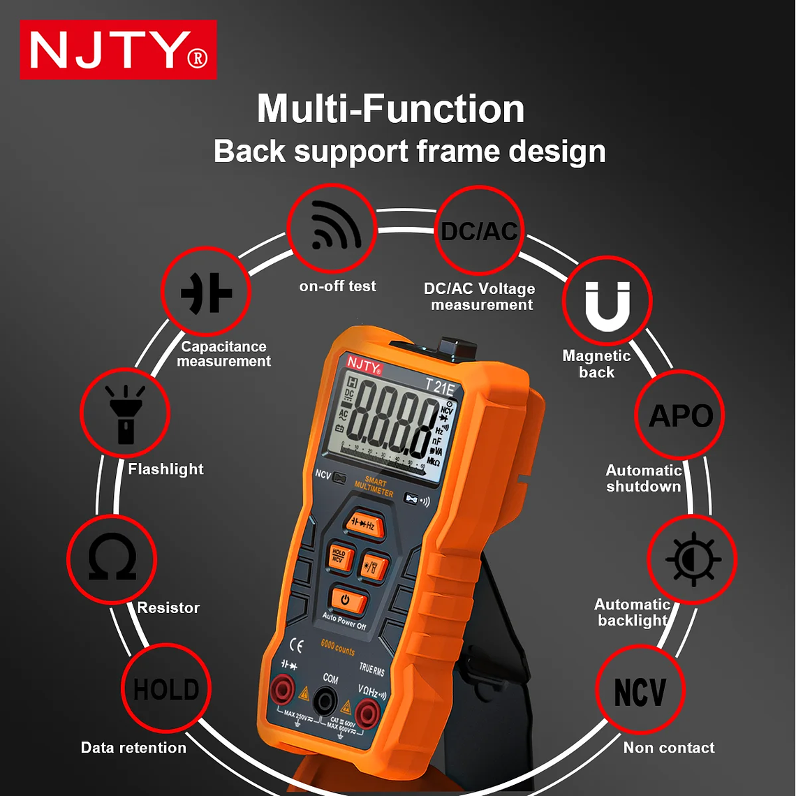 NJTY-multímetro Digital T21, profesional, valores eficaces verdaderos, marco de soporte magnético, voltímetro de ohmios, resistencia, corriente NCV, cable vivo, herramientas de bricolaje 2
