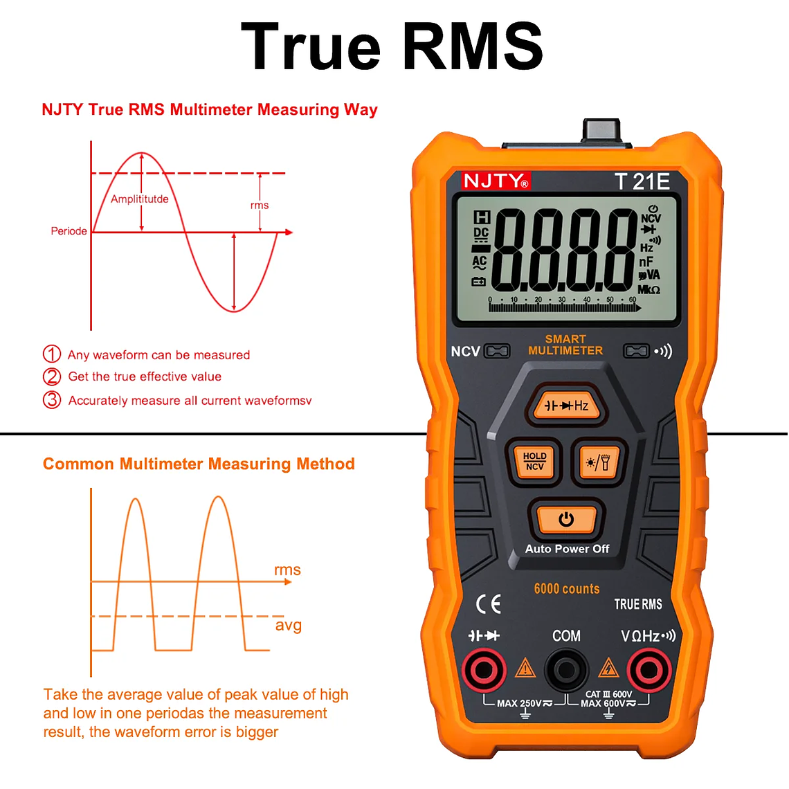 NJTY-multímetro Digital T21, profesional, valores eficaces verdaderos, marco de soporte magnético, voltímetro de ohmios, resistencia, corriente NCV, cable vivo, herramientas de bricolaje 6