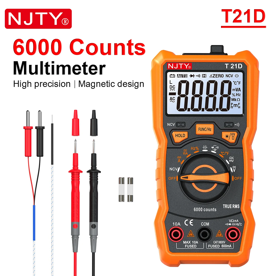 NJTY-multímetro Digital T21, profesional, valores eficaces verdaderos, marco de soporte magnético, voltímetro de ohmios, resistencia, corriente NCV, cable vivo, herramientas de bricolaje 8