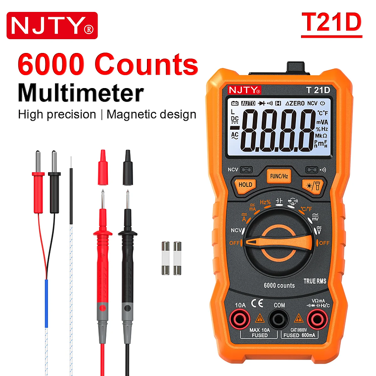 NJTY-multímetro Digital T21, profesional, valores eficaces verdaderos, marco de soporte magnético, voltímetro de ohmios, resistencia, corriente NCV, cable vivo, herramientas de bricolaje 8