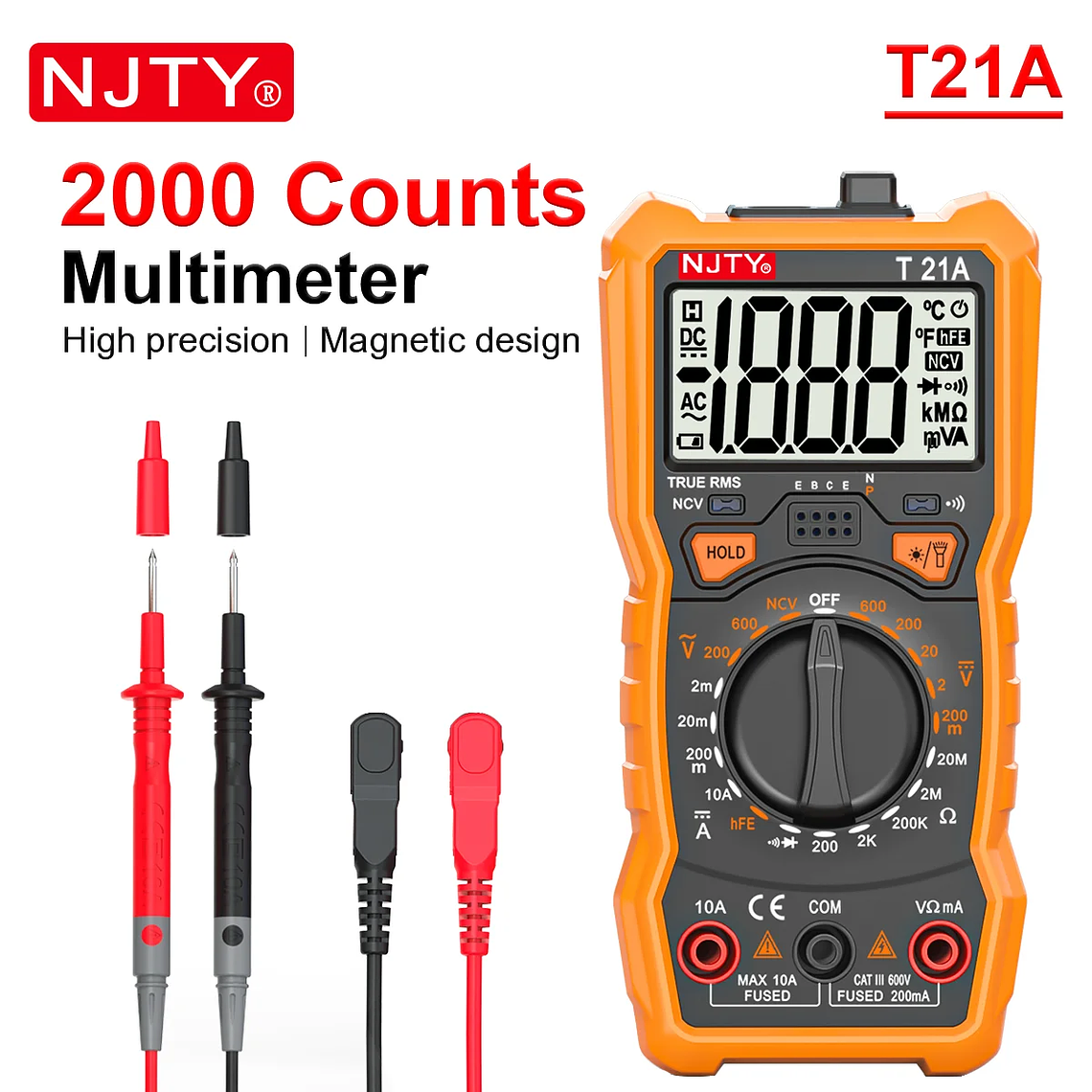 NJTY-multímetro Digital T21, profesional, valores eficaces verdaderos, marco de soporte magnético, voltímetro de ohmios, resistencia, corriente NCV, cable vivo, herramientas de bricolaje 9