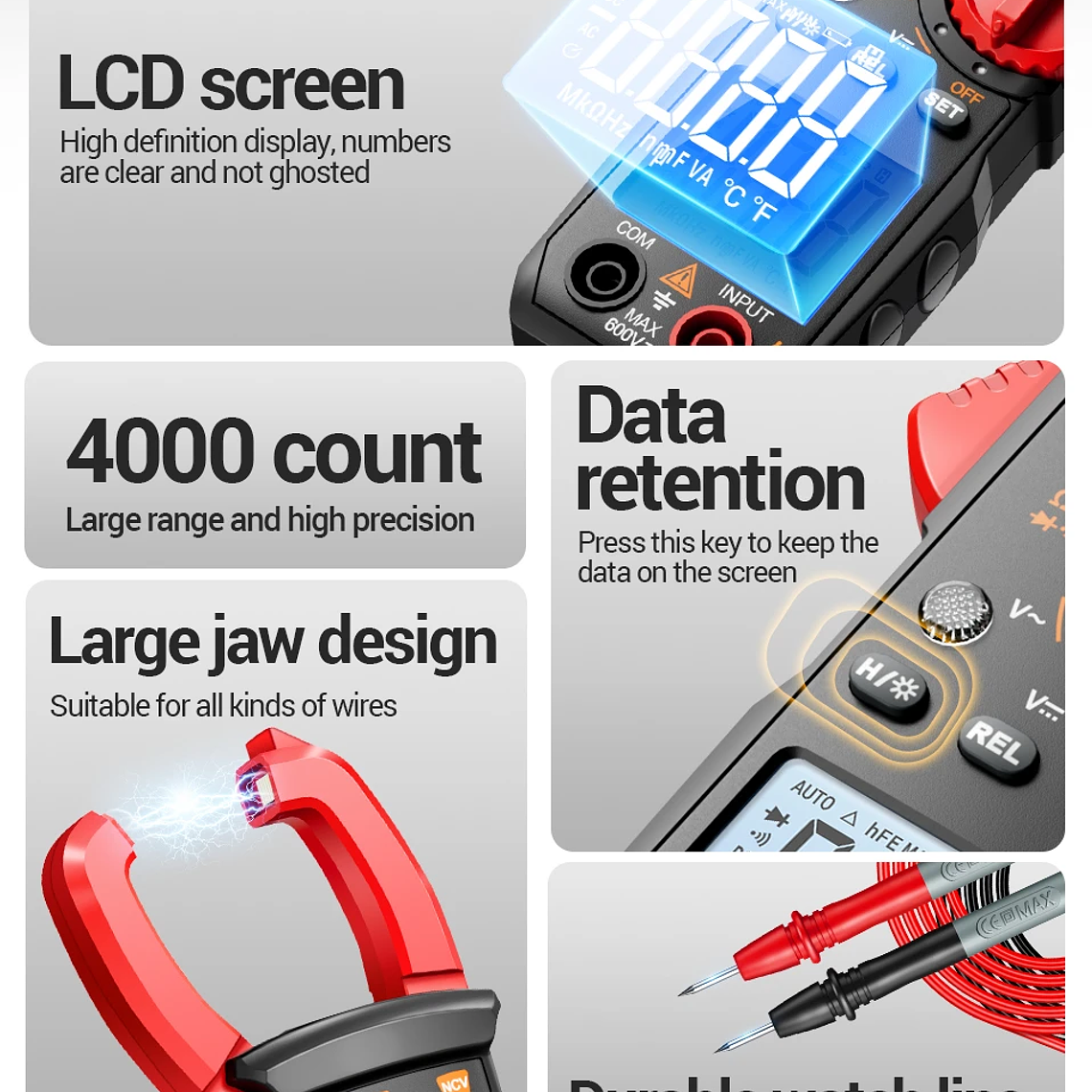 Pinza Amperimétrica Digital de 4000 Cuentas, Voltímetro de CC/CA de 400A, Multímetro, Amperímetro, Probador de Voltaje, Reparación de Automóviles, Probador de Temperatura Eléctrica 18