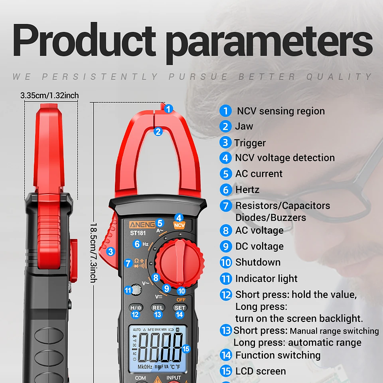 Pinza Amperimétrica Digital de 4000 Cuentas, Voltímetro de CC/CA de 400A, Multímetro, Amperímetro, Probador de Voltaje, Reparación de Automóviles, Probador de Temperatura Eléctrica 19