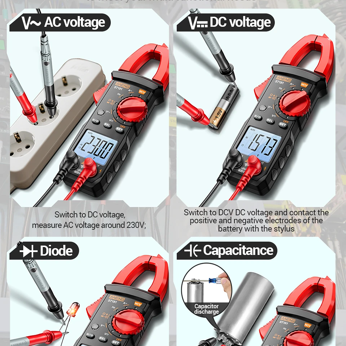 Pinza Amperimétrica Digital de 4000 Cuentas, Voltímetro de CC/CA de 400A, Multímetro, Amperímetro, Probador de Voltaje, Reparación de Automóviles, Probador de Temperatura Eléctrica 21