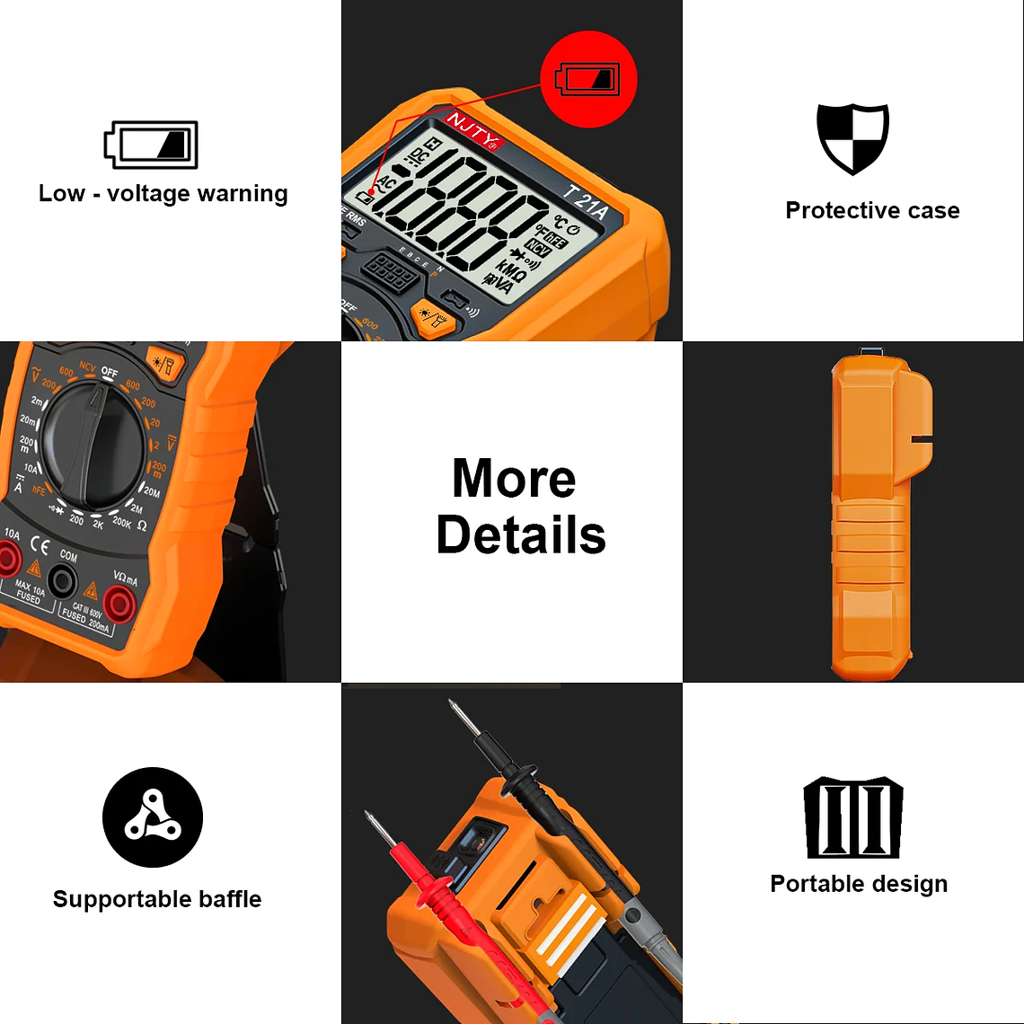 NJTY-multímetro Digital T21, profesional, valores eficaces verdaderos, marco de soporte magnético, voltímetro de ohmios, resistencia, corriente NCV, cable vivo, herramientas de bricolaje 17