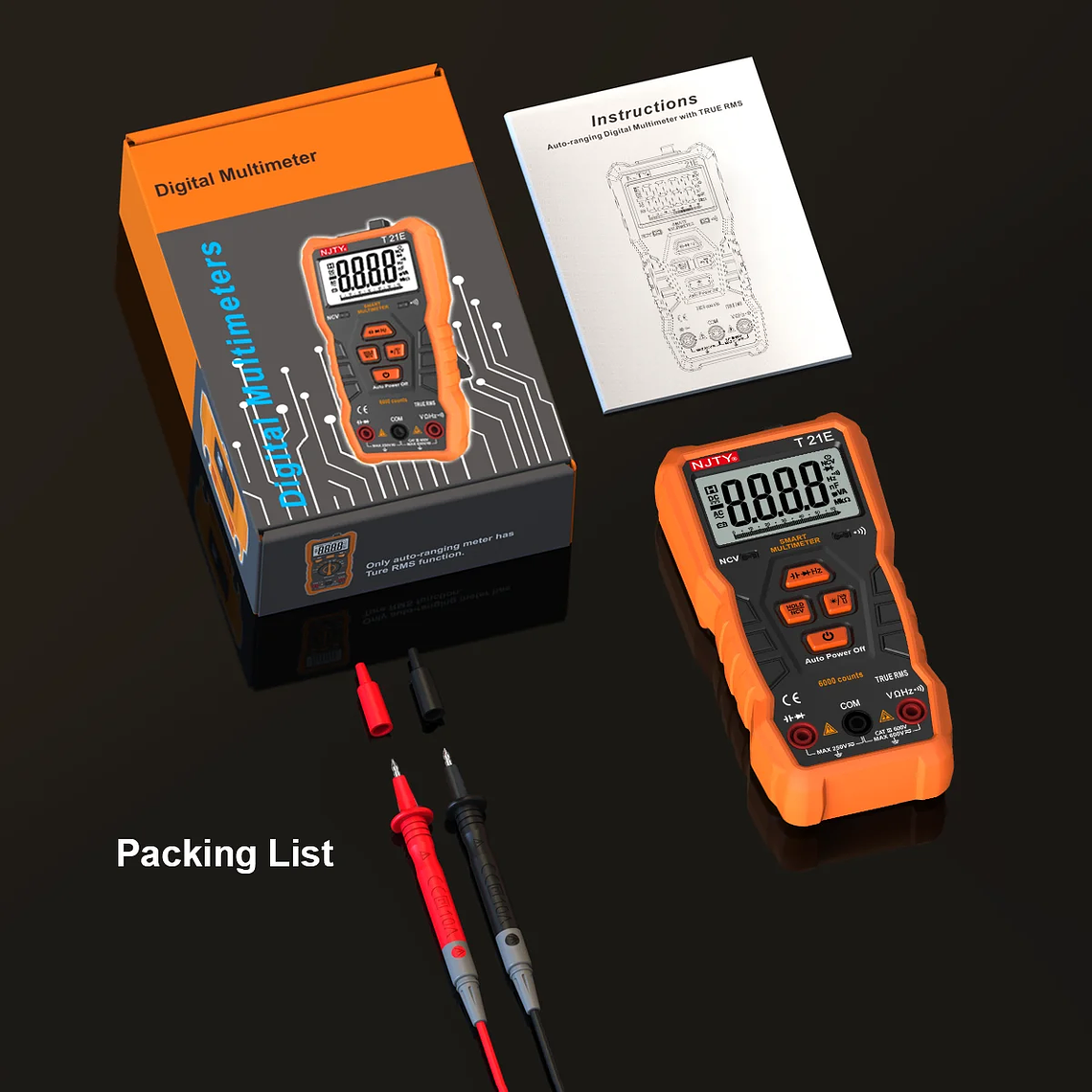 NJTY-multímetro Digital T21, profesional, valores eficaces verdaderos, marco de soporte magnético, voltímetro de ohmios, resistencia, corriente NCV, cable vivo, herramientas de bricolaje 18