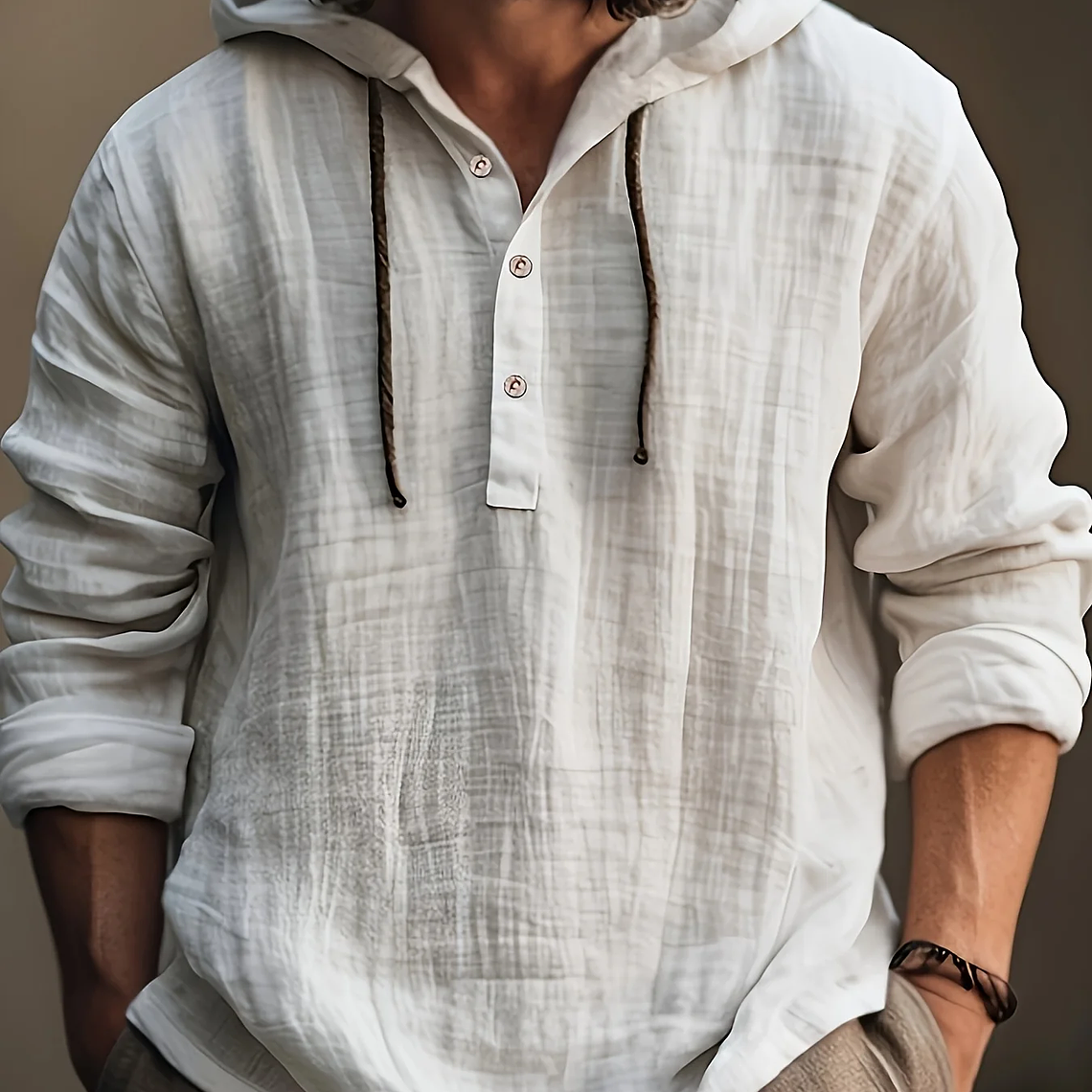 Camisa de algodón y lino para hombre, sudadera con capucha, manga larga, informal y cómoda, para uso diario, primavera y otoño 1
