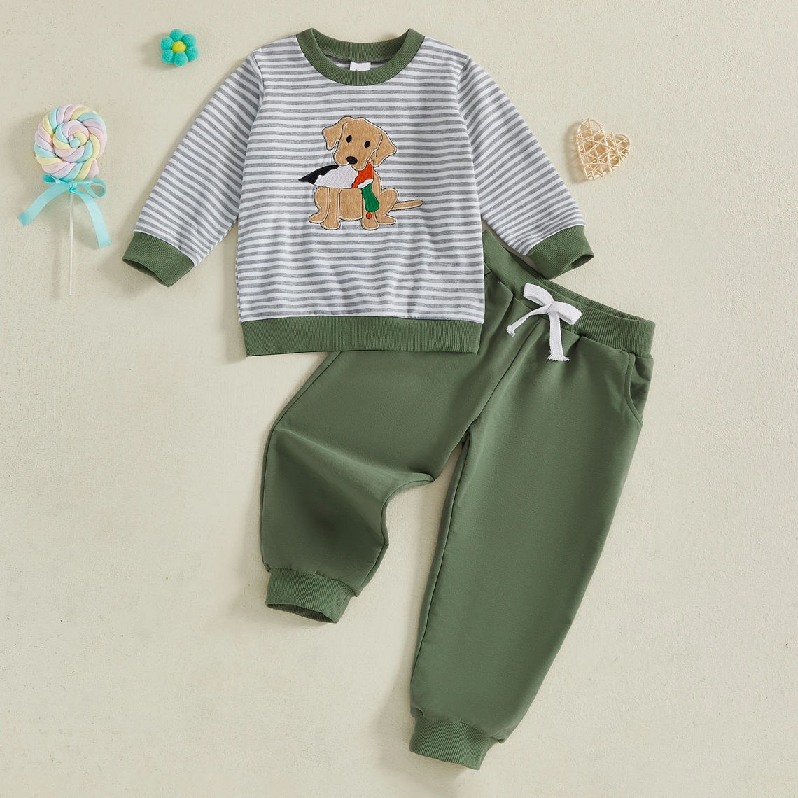 Conjunto de 2 piezas para niños, elegante sudadera con bordado a rayas de manga larga para perros con pantalones de chándal de cintura elástica para moda de otoño 1