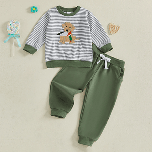 Conjunto de 2 piezas para niños, elegante sudadera con bordado a rayas de manga larga para perros con pantalones de chándal de cintura elástica para moda de otoño
