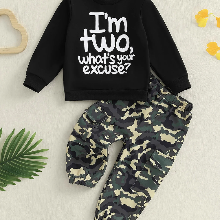 Conjunto de cumpleaños de otoño para niño pequeño con sudadera con estampado de letras y pantalones de camuflaje, traje de manga larga para celebración de otoño 2
