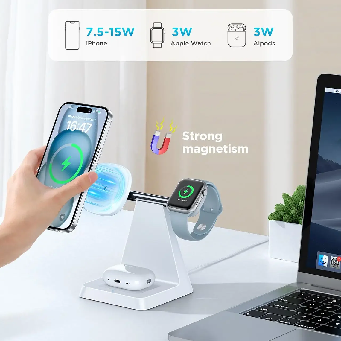 Cargador inalámbrico magnético para iPhone - Estación de carga segura magnética 3 en 1 para varios dispositivos Apple 2