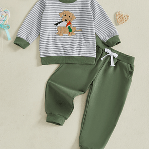 Conjunto de 2 piezas para niños, elegante sudadera con bordado a rayas de manga larga para perros con pantalones de chándal de cintura elástica para moda de otoño