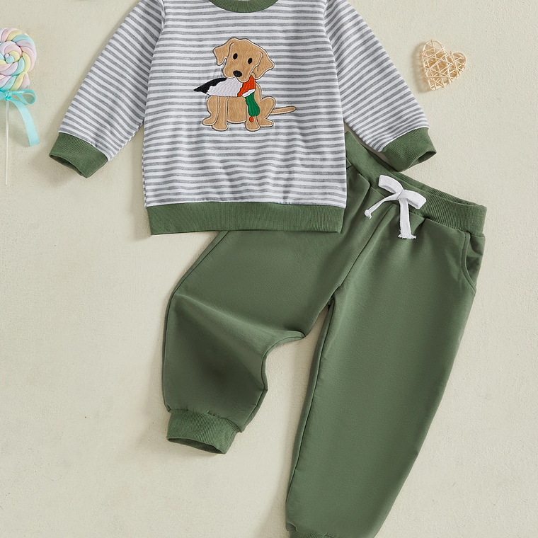 Conjunto de 2 piezas para niños, elegante sudadera con bordado a rayas de manga larga para perros con pantalones de chándal de cintura elástica para moda de otoño 2