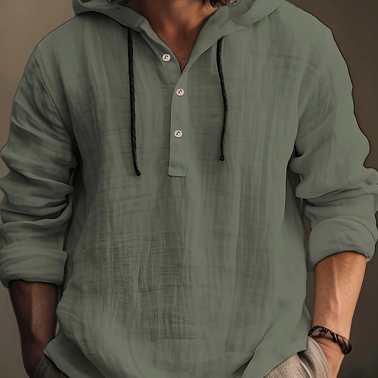 Camisa de algodón y lino para hombre, sudadera con capucha, manga larga, informal y cómoda, para uso diario, primavera y otoño 3