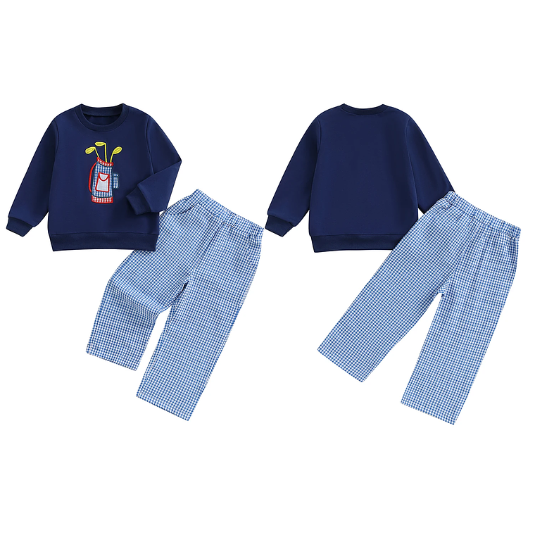 Adorable conjunto de otoño de 2 piezas con lindo sudadera con apliques de oso y acogedores pantalones a cuadros para traje de bebé o niña 2