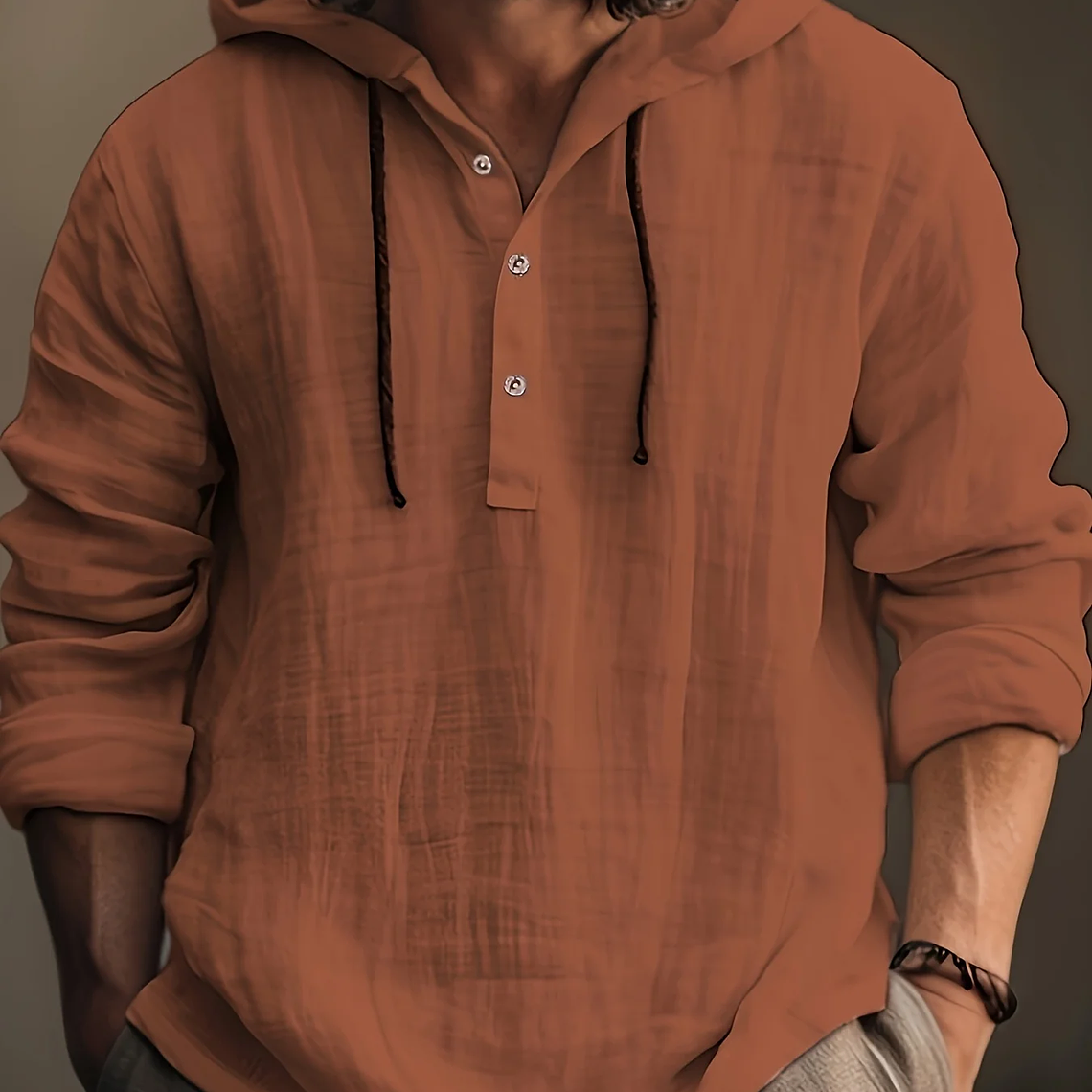 Camisa de algodón y lino para hombre, sudadera con capucha, manga larga, informal y cómoda, para uso diario, primavera y otoño 5