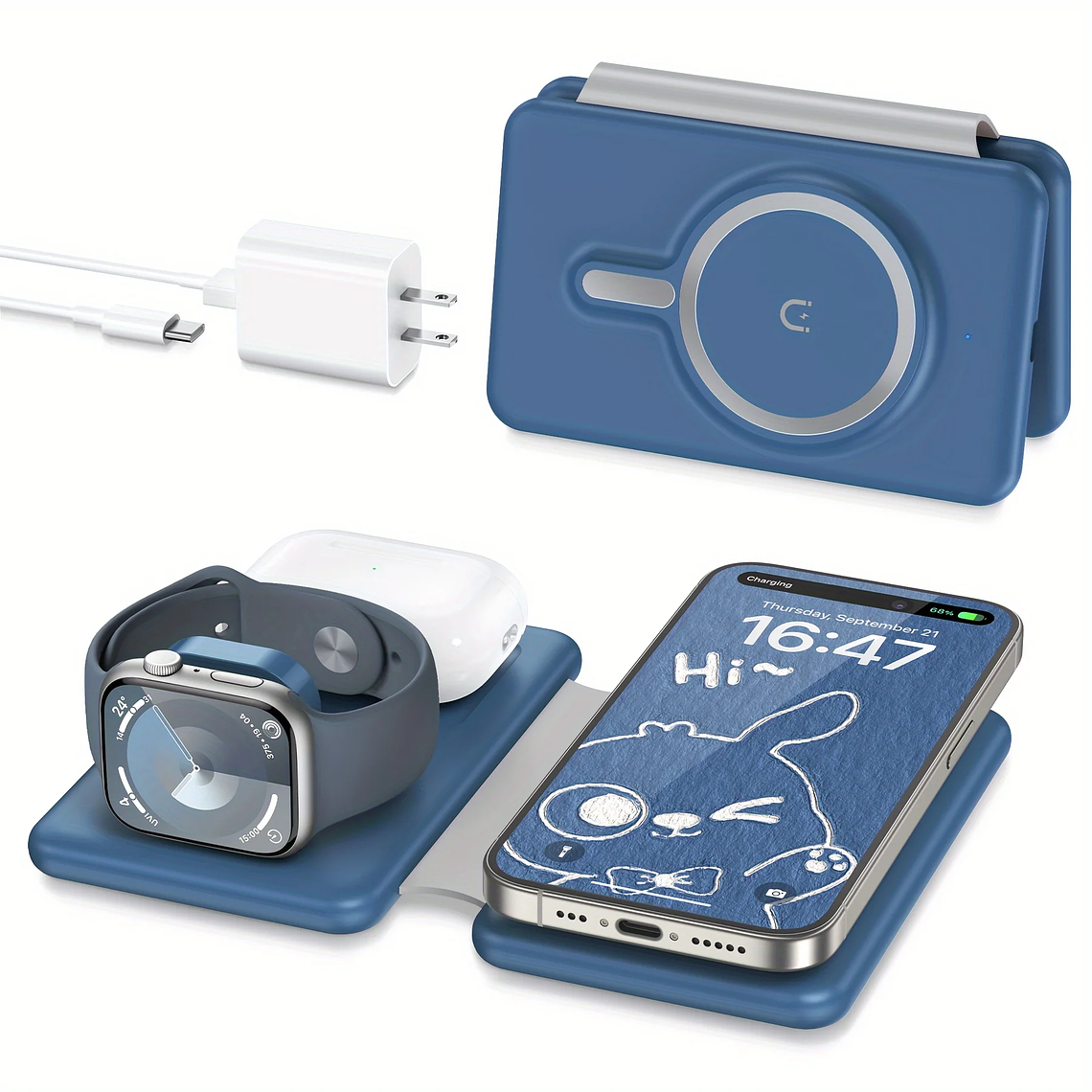 Cargador inalámbrico para teléfono móvil, 3 en 1 estación de carga de viaje para múltiples dispositivos, almohadilla de carga magnética plegable portátil 6