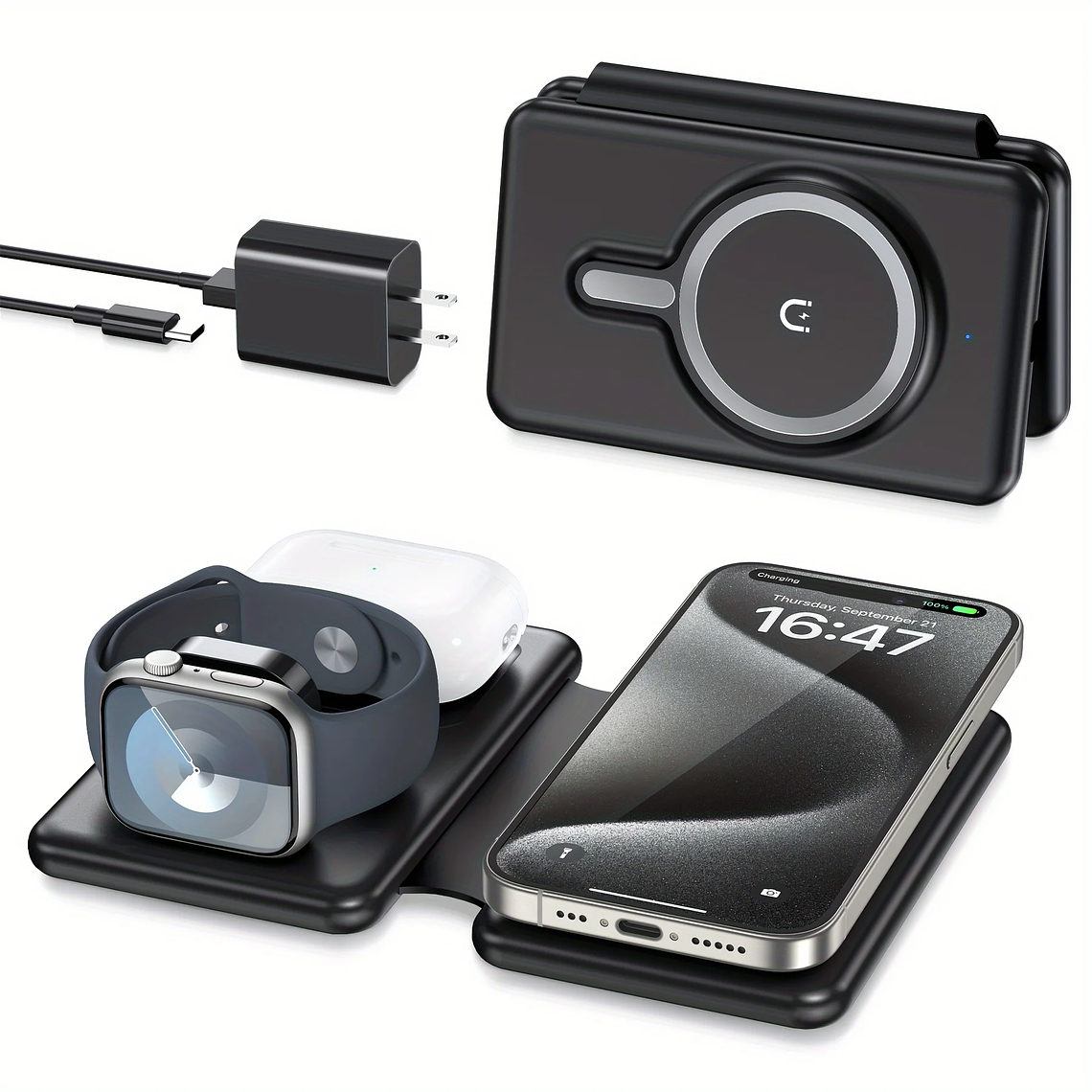 Cargador inalámbrico para teléfono móvil, 3 en 1 estación de carga de viaje para múltiples dispositivos, almohadilla de carga magnética plegable portátil 8