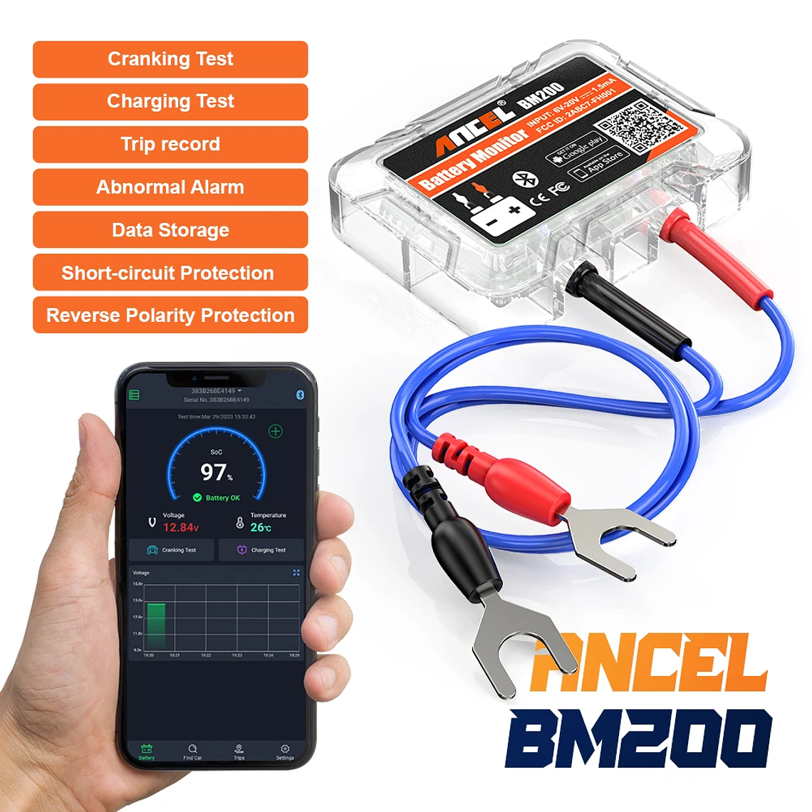 ANCLE BM200 12V for Bluetooth Battery Tester EU/USA Voltage Voltmeter App Monitor Free Shipping Diagnostic Health Alarm Record 3