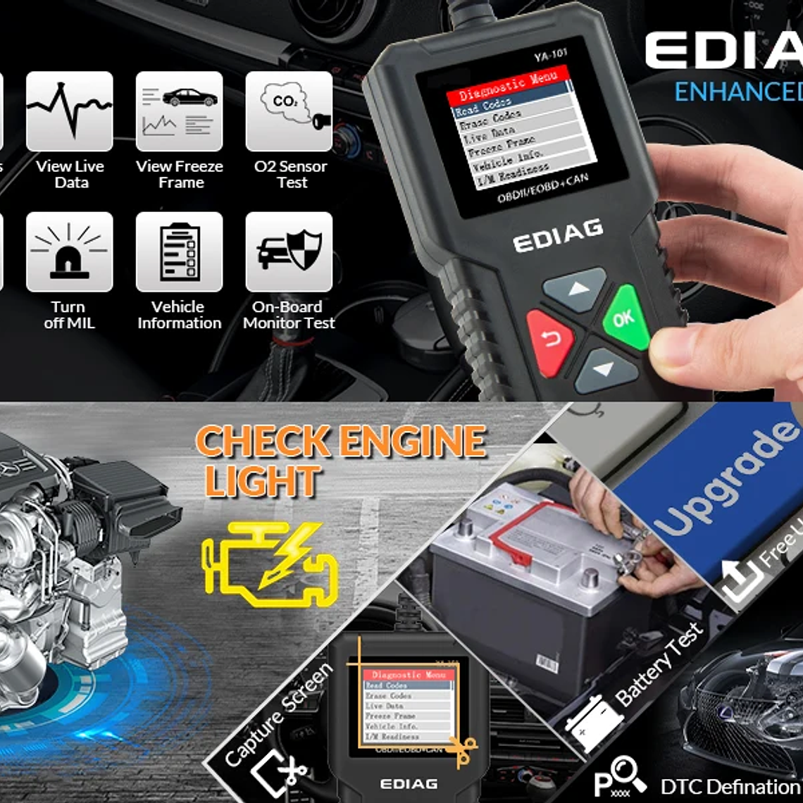 Best Selling Product 2026 EDIAG YA101 OBDII Car Code Reader Full Diagnostic OBD2 Scanner for Automotive Engine Diagnostic Tool 2
