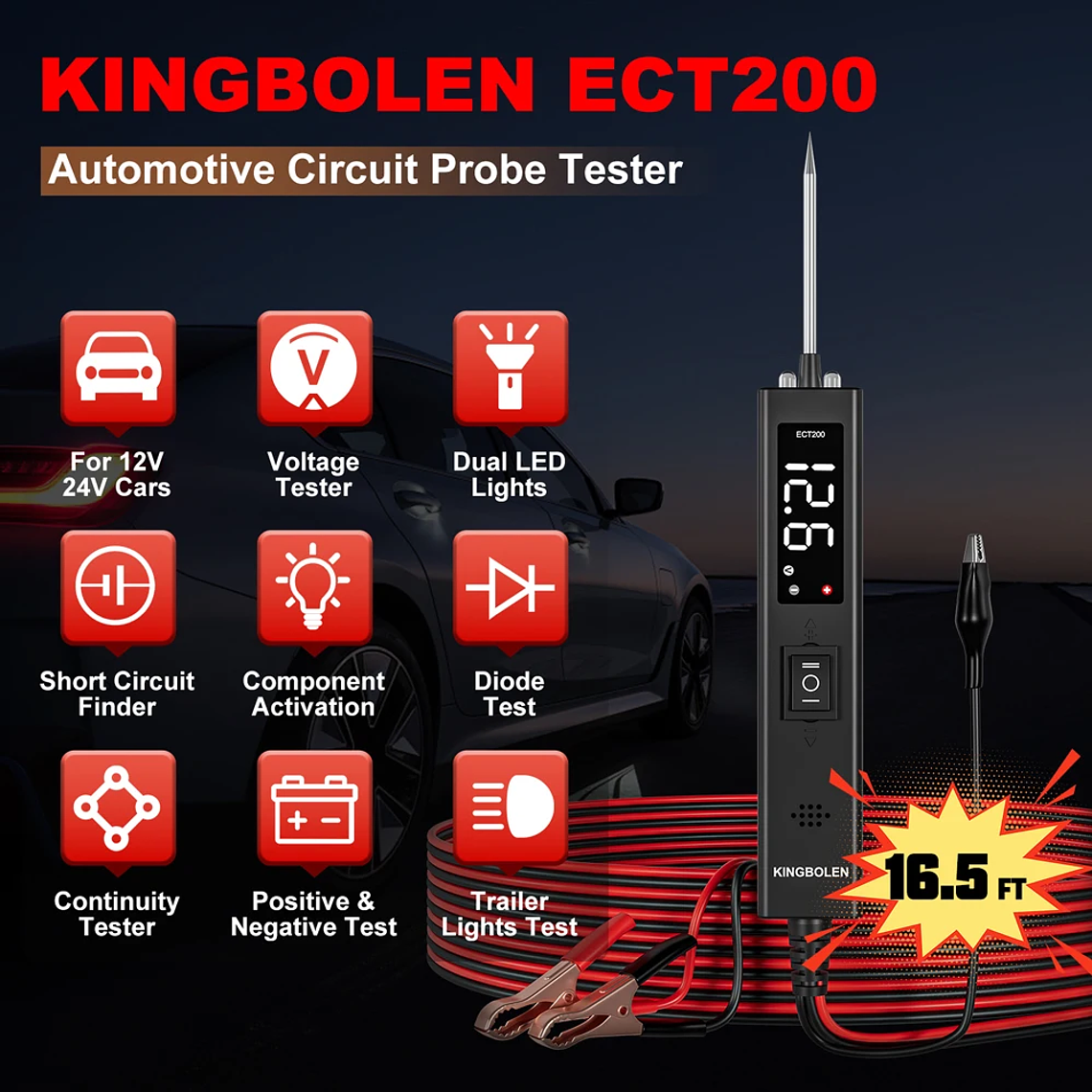 USA EU Warehouse Kingbolen ECT200 Auto Circuit Tester Upgrade Kit Power Circuit Probe Tester With 20ft Extension Cable 2