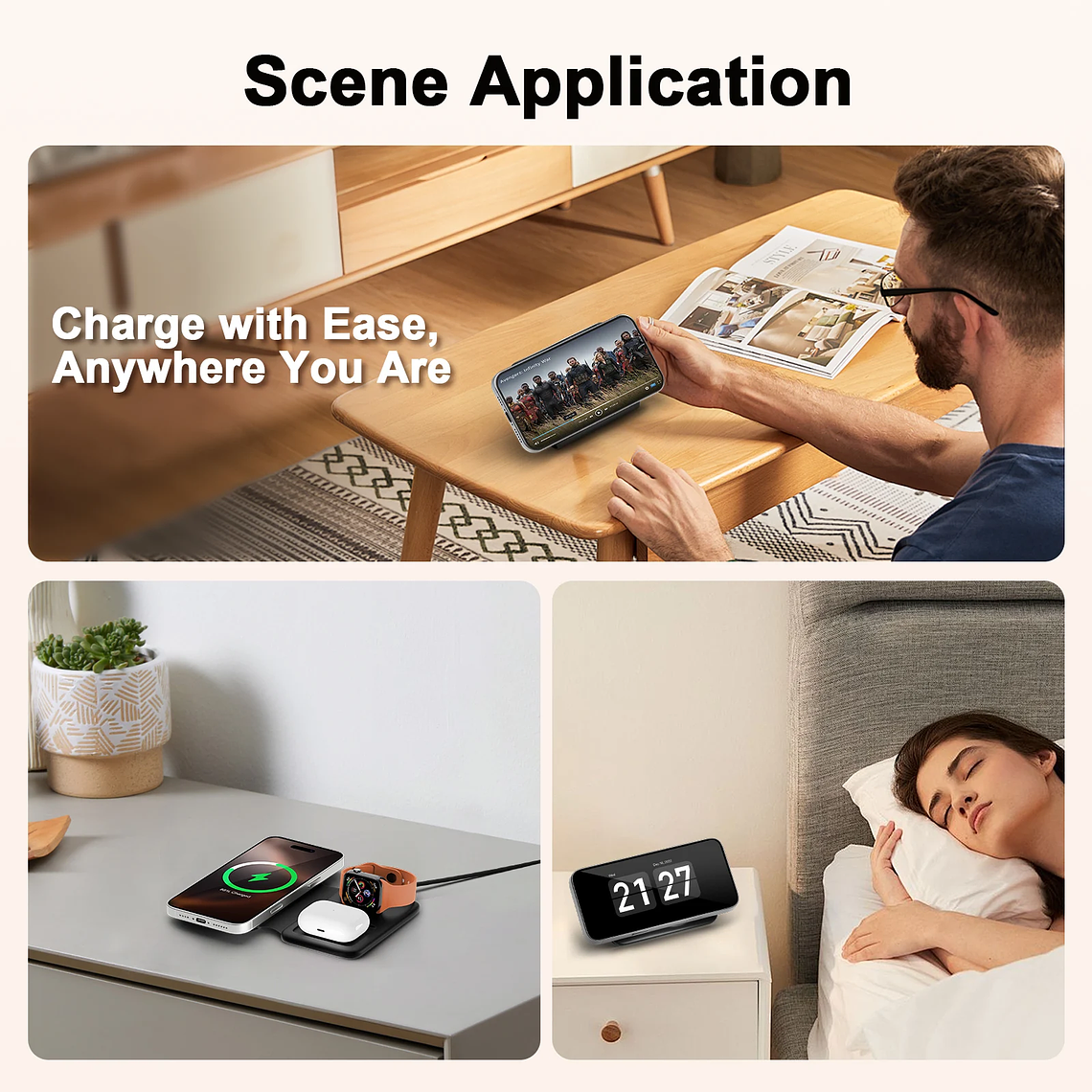 Estación de carga inalámbrica 3 en 1 plegable magnética de 15W para dispositivos Apple iPhone 16 15 14 13 12 Pro/Pro Max/Plus/Watch y Airpod 4