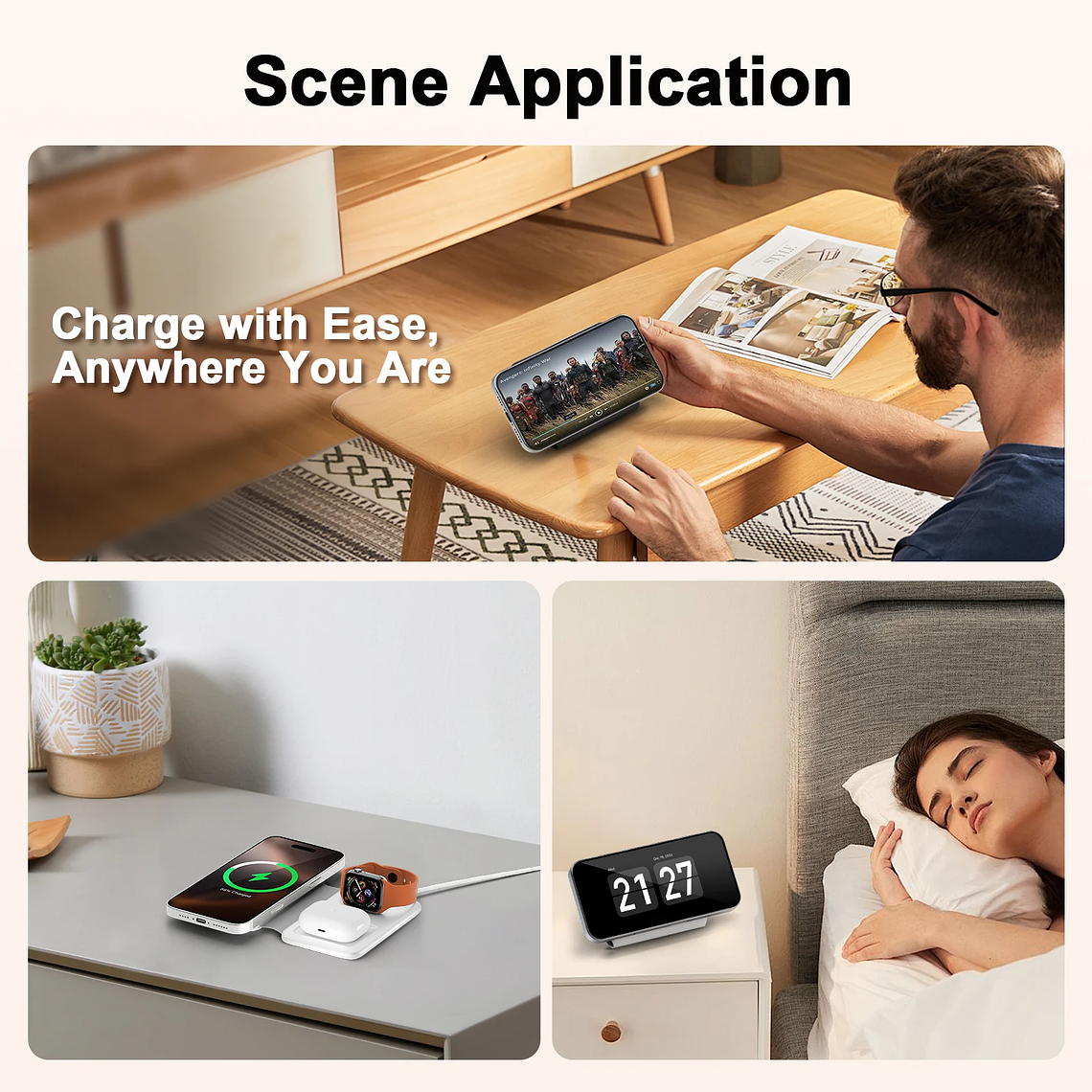 Estación de carga inalámbrica 3 en 1 plegable magnética de 15W para dispositivos Apple iPhone 16 15 14 13 12 Pro/Pro Max/Plus/Watch y Airpod 23