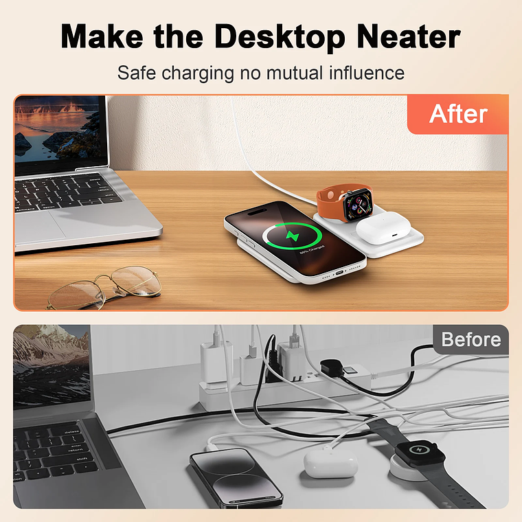 Estación de carga inalámbrica 3 en 1 plegable magnética de 15W para dispositivos Apple iPhone 16 15 14 13 12 Pro/Pro Max/Plus/Watch y Airpod 25