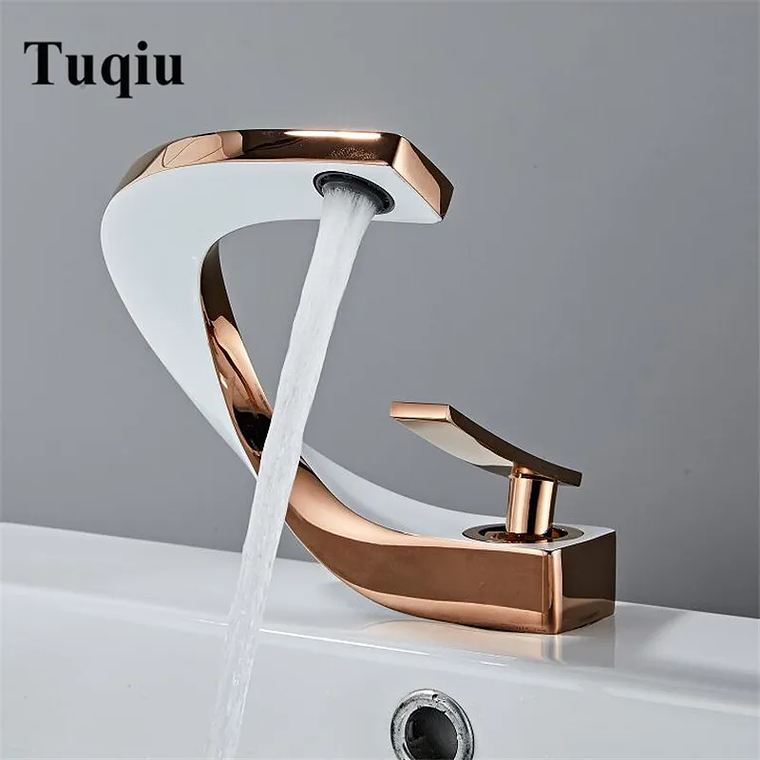 Tuqiu-grifo de latón para lavabo de baño, mezclador de agua caliente y fría, montado en cubierta, negro, oro rosa, blanco 1