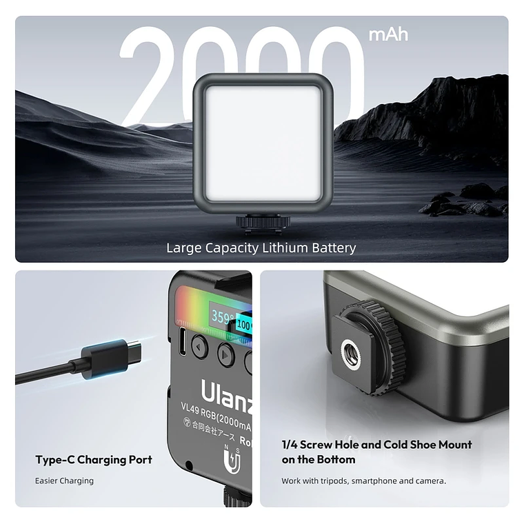 Ulanzi VL49 Mini RGB LED luz de vídeo 2700K-9000K en la cámara luz de relleno fotografía iluminación bolsillo Live Tiktok Vlog lámpara de luz 5