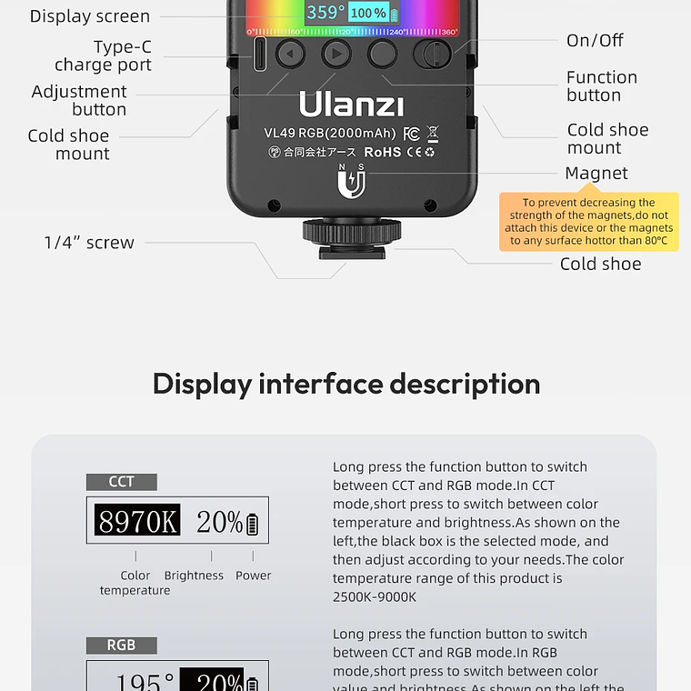 Ulanzi VL49 Mini RGB LED luz de vídeo 2700K-9000K en la cámara luz de relleno fotografía iluminación bolsillo Live Tiktok Vlog lámpara de luz 26