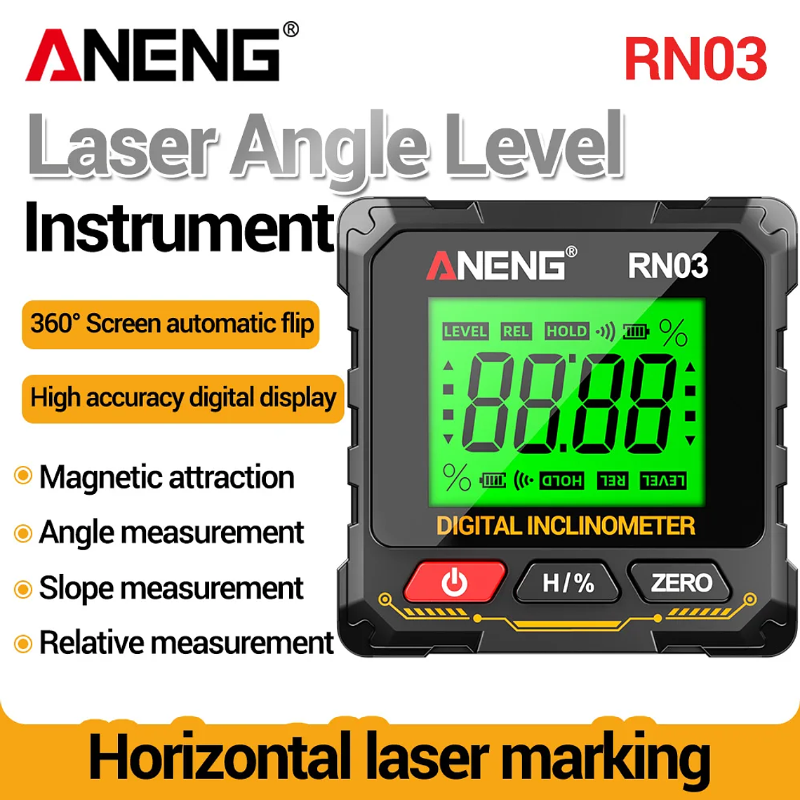 ANENG RN03 Instrumento láser de nivel de ángulo digital 360 ° Herramienta universal de inclinómetro magnético fuerte de cuatro lados con tapa automática de pantalla 1