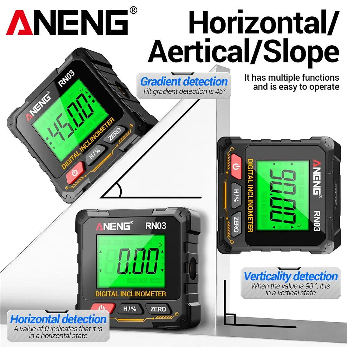 ANENG RN03 Instrumento láser de nivel de ángulo digital 360 ° Herramienta universal de inclinómetro magnético fuerte de cuatro lados con tapa automática de pantalla 3