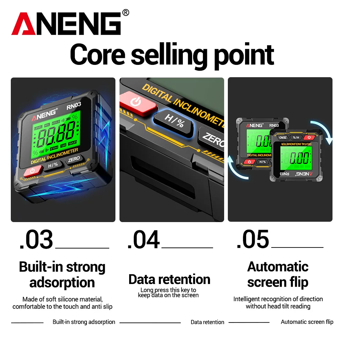 ANENG RN03 Instrumento láser de nivel de ángulo digital 360 ° Herramienta universal de inclinómetro magnético fuerte de cuatro lados con tapa automática de pantalla 4