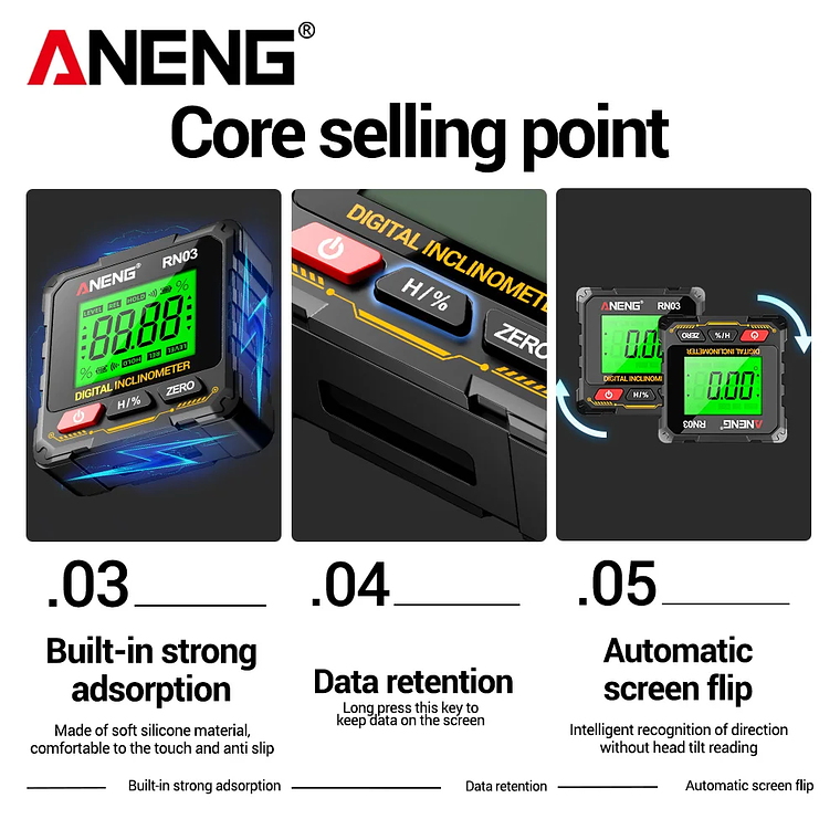 ANENG RN03 Instrumento láser de nivel de ángulo digital 360 ° Herramienta universal de inclinómetro magnético fuerte de cuatro lados con tapa automática de pantalla 4