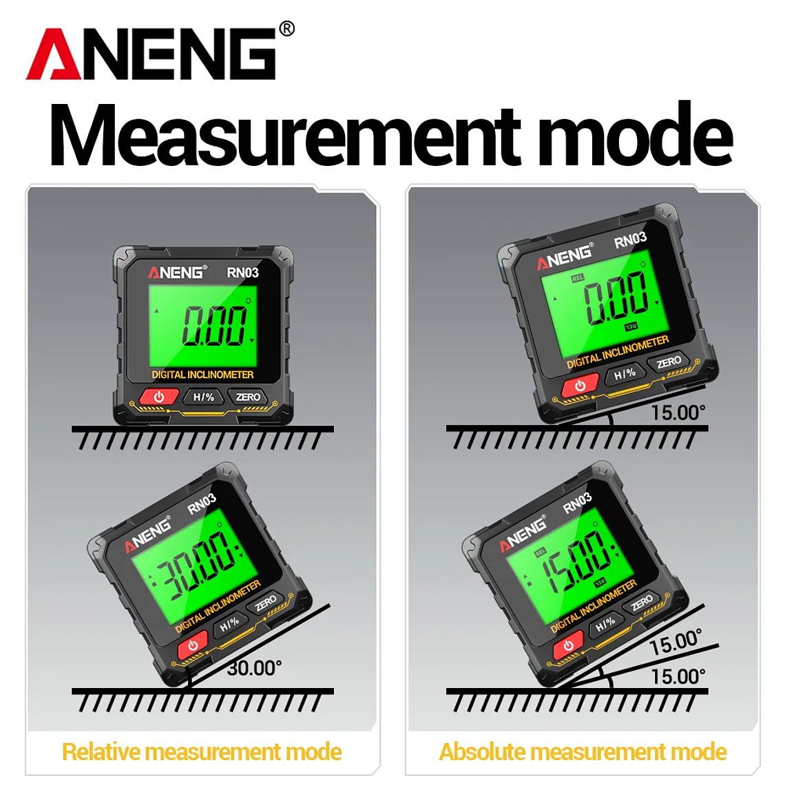 ANENG RN03 Instrumento láser de nivel de ángulo digital 360 ° Herramienta universal de inclinómetro magnético fuerte de cuatro lados con tapa automática de pantalla 5