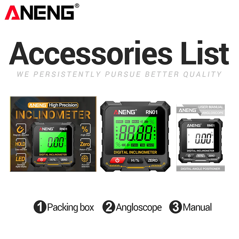 ANENG RN03 Instrumento láser de nivel de ángulo digital 360 ° Herramienta universal de inclinómetro magnético fuerte de cuatro lados con tapa automática de pantalla 7