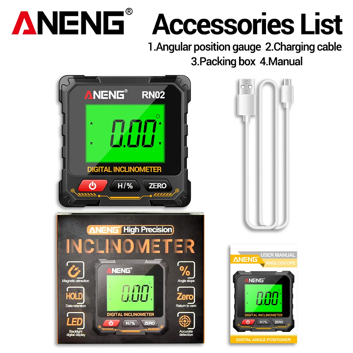 ANENG RN03 Instrumento láser de nivel de ángulo digital 360 ° Herramienta universal de inclinómetro magnético fuerte de cuatro lados con tapa automática de pantalla 8