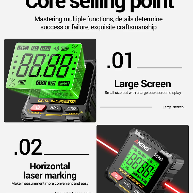 ANENG RN03 Instrumento láser de nivel de ángulo digital 360 ° Herramienta universal de inclinómetro magnético fuerte de cuatro lados con tapa automática de pantalla 13